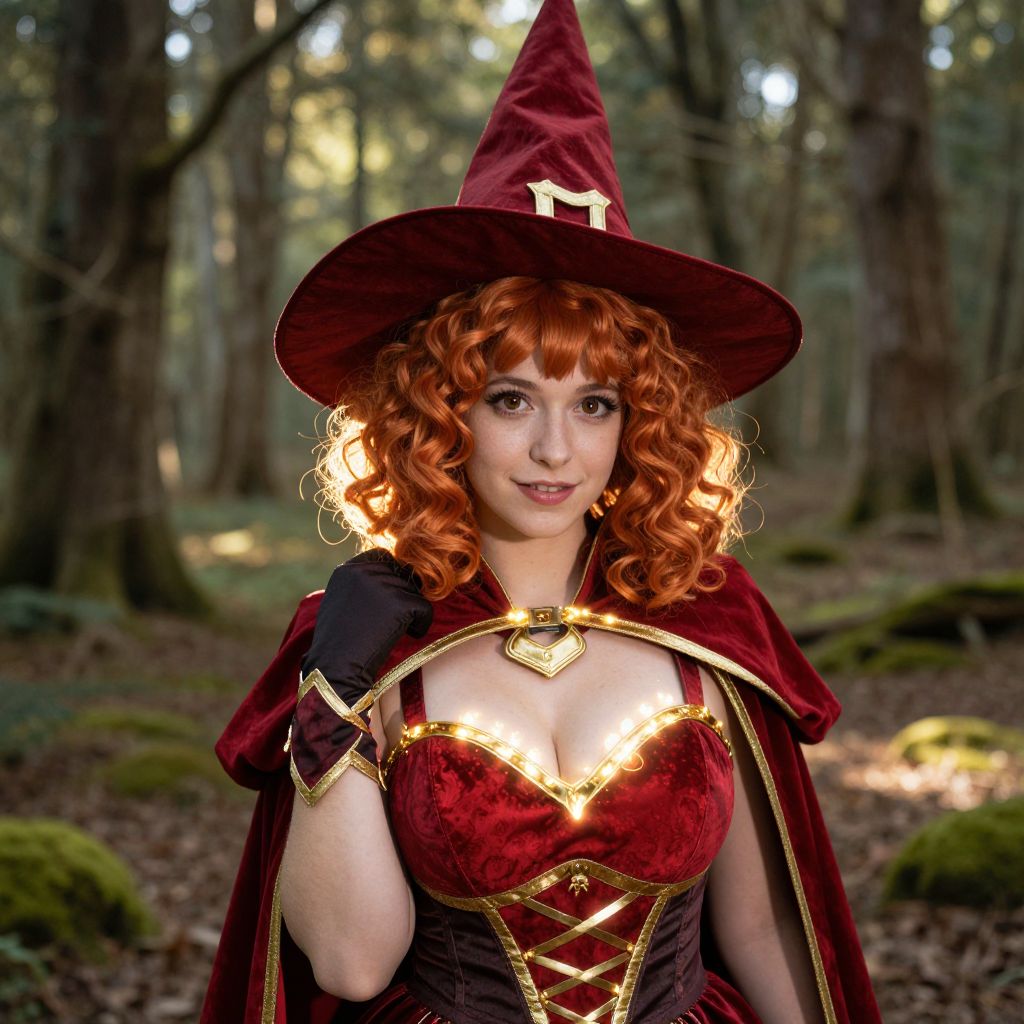 Red-Haired Woman in Fantasy Witch Costume in Forest