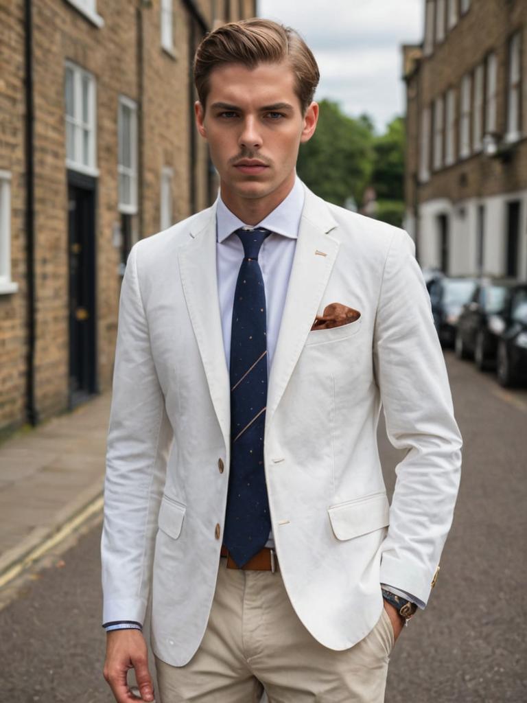 Stylish man in white blazer on city street