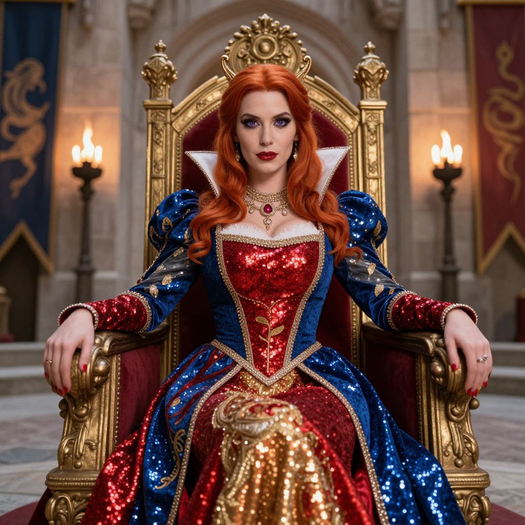 Regal Woman in Sparkling Red and Blue Medieval Gown on Golden Throne