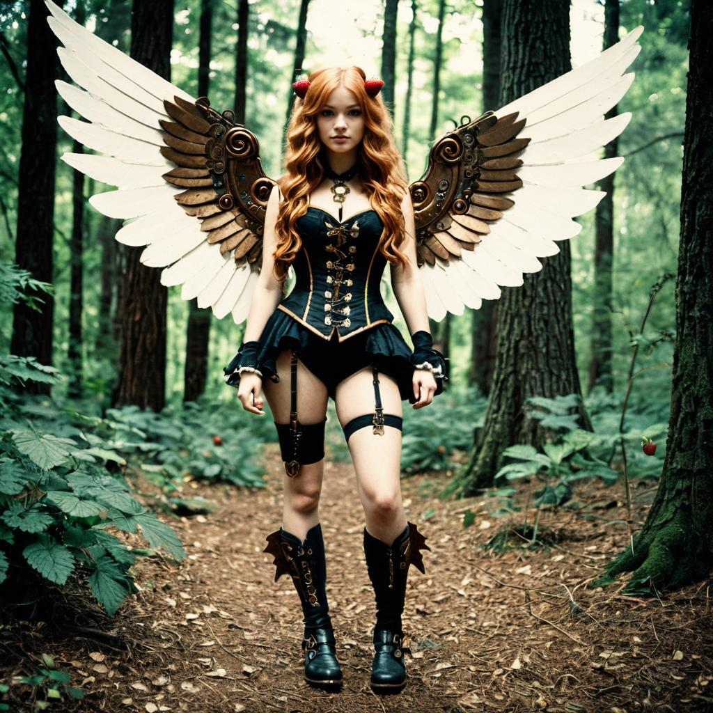 Steampunk Woman with Mechanical Wings in Forest Fantasy