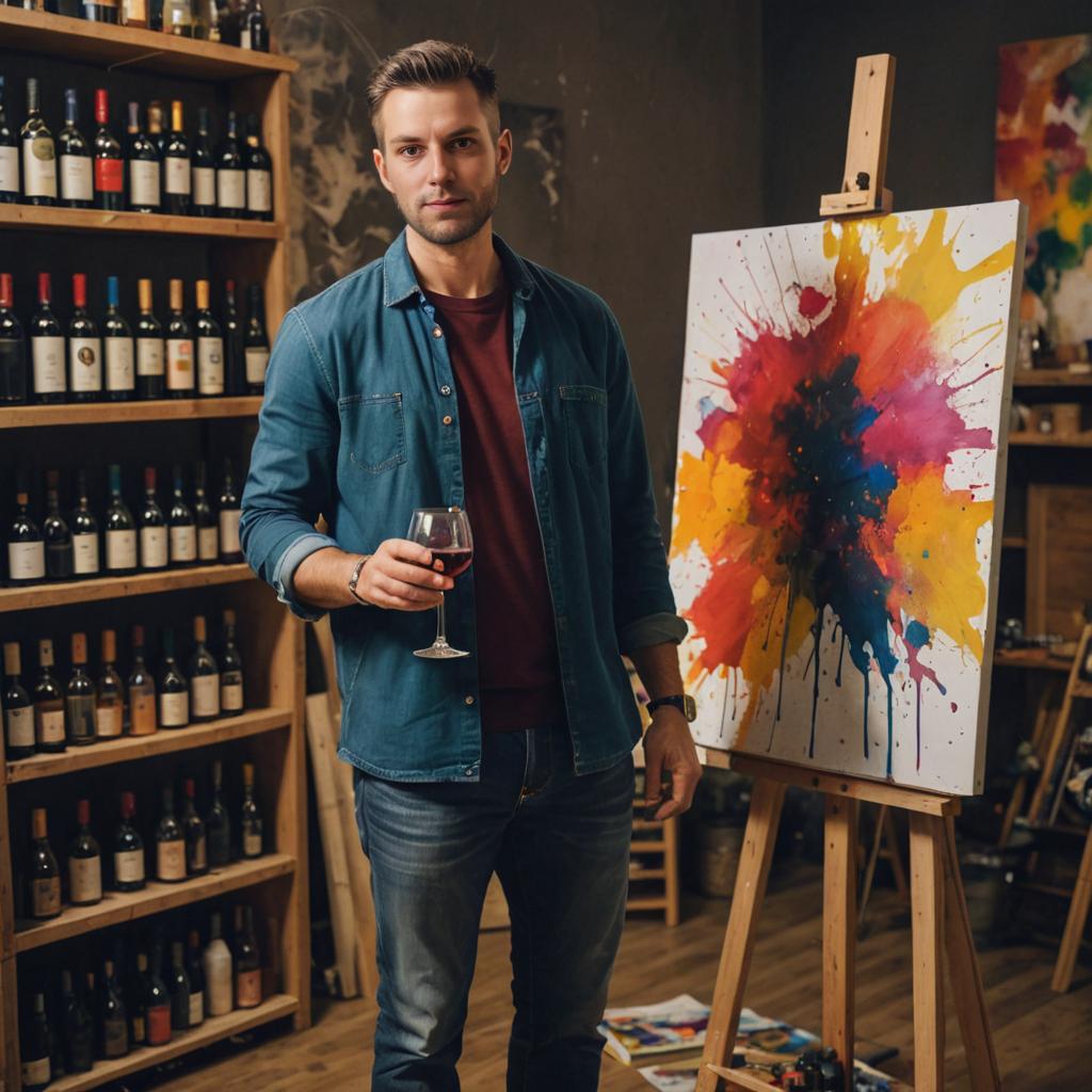 Confident Man with Wine and Abstract Art