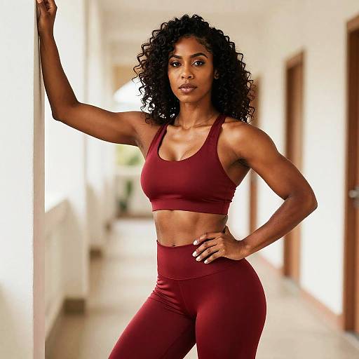 Fit Woman in Maroon Athletic Wear Standing in Corridor