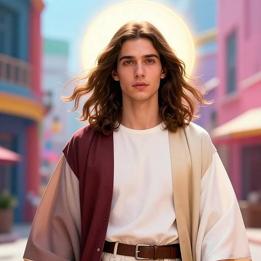 Young Man with Long Hair in Colorful Urban Setting