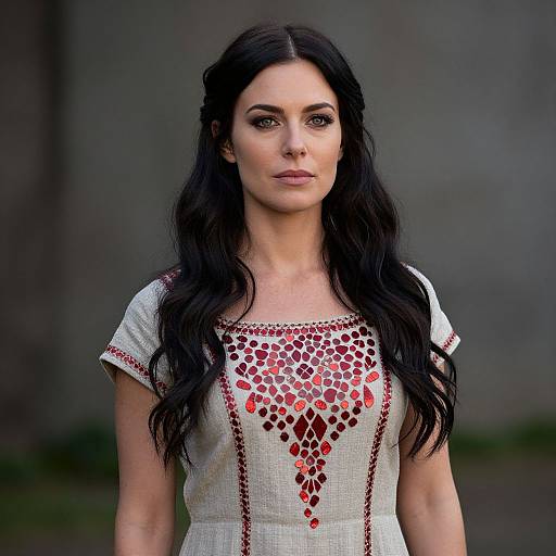 Portrait of Woman Wearing Beige Dress with Red Mosaic Embellishments