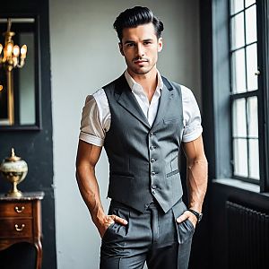 Confident Young Man in Tailored Grey Vest and Trousers