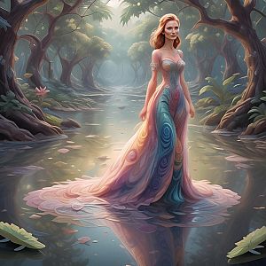 Woman in Flowing Gown in Mystical Forest Stream