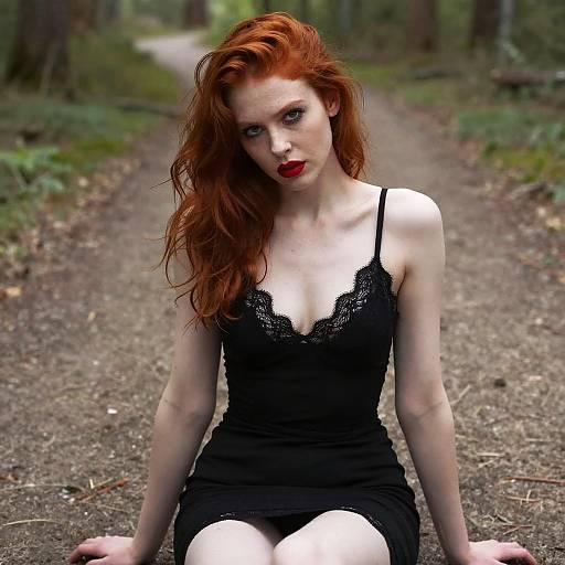 Red-Haired Woman in Black Dress Sits on Forest Path - Gen Z Style Portrait