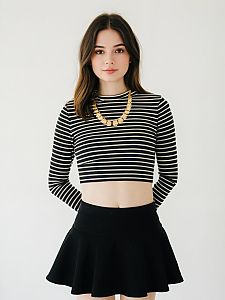 Woman in Modern Casual Horizontal Striped Cropped Long Sleeve Top and Black Skirt