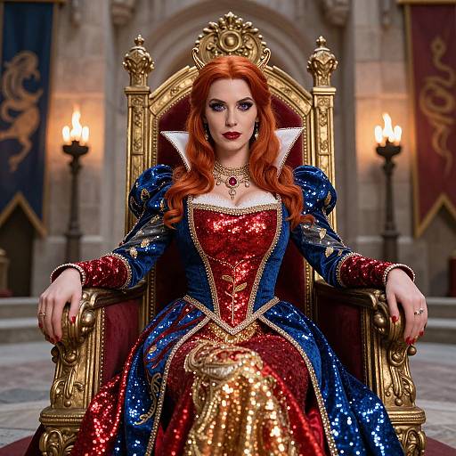 Regal Woman in Sparkling Red and Blue Medieval Gown on Golden Throne
