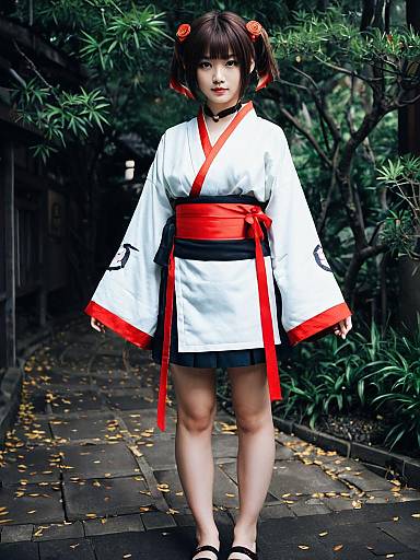 Anime Style Woman Cosplay in Traditional Kimono Outfit with Red Accents in Garden