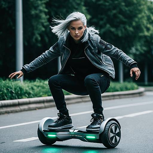 Woman Riding Hoverboard in Urban Street Style with Silver Hair