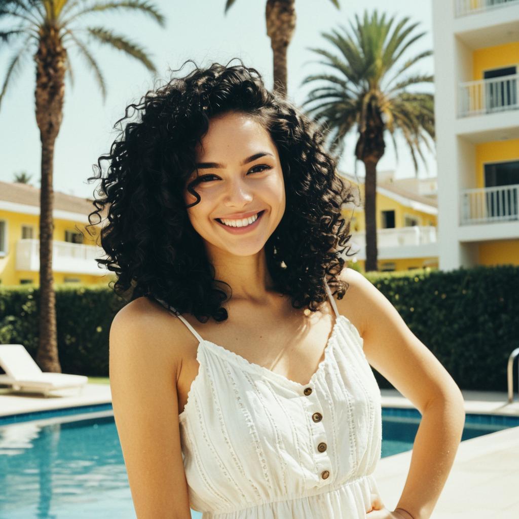 Smiling Woman by Poolside in Tropical Setting