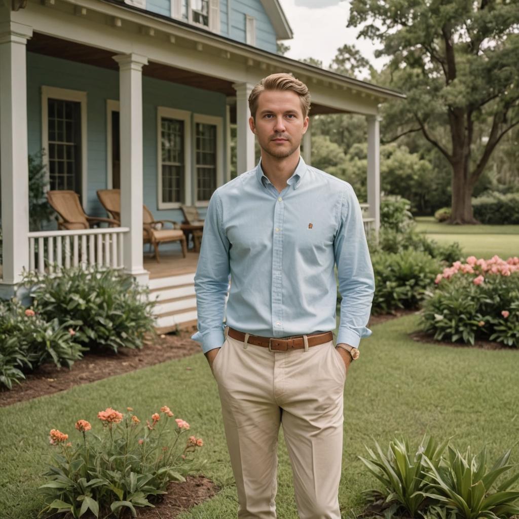 Confident Man in Front of Beautiful House