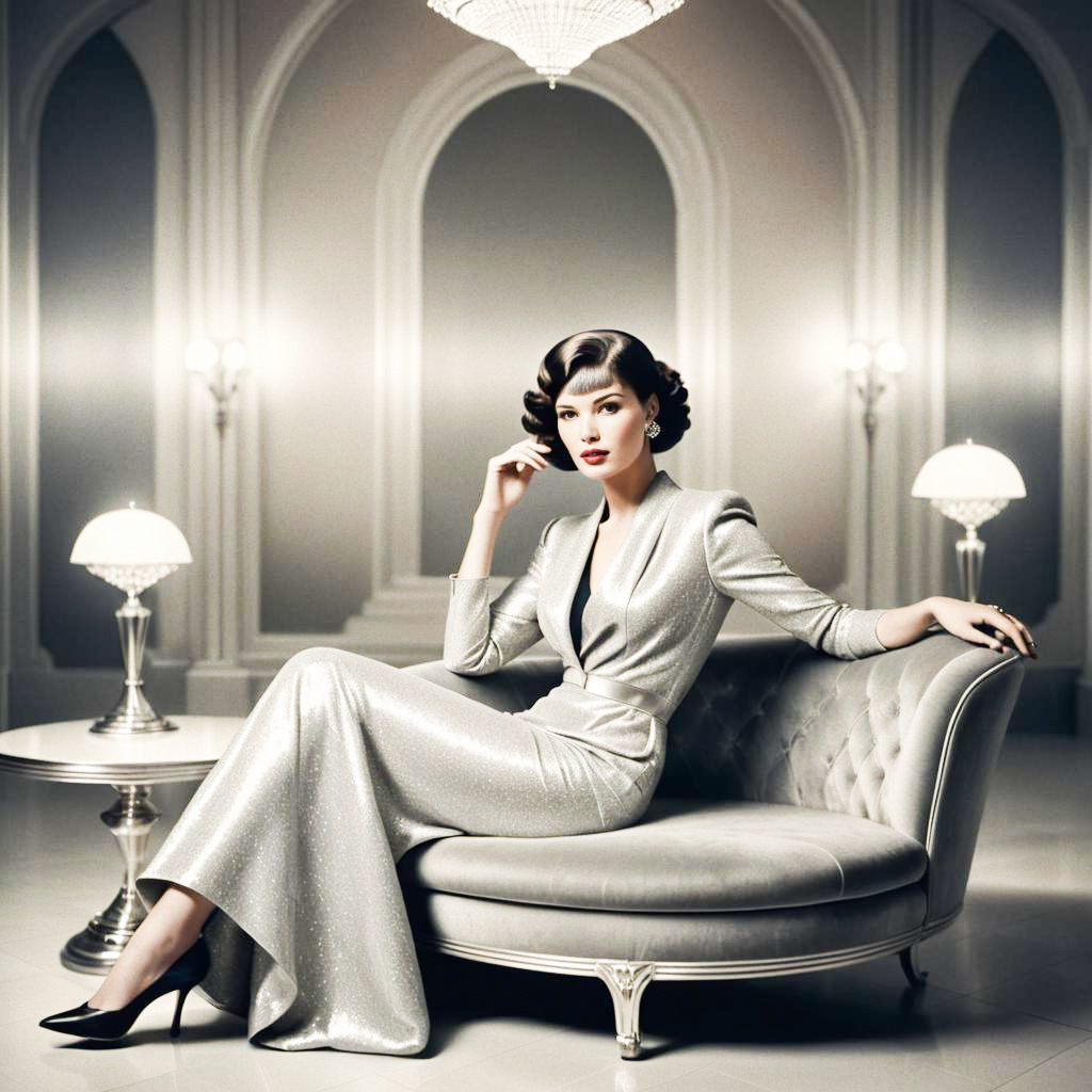 Glamorous Woman in Silver Gown on Gray Sofa