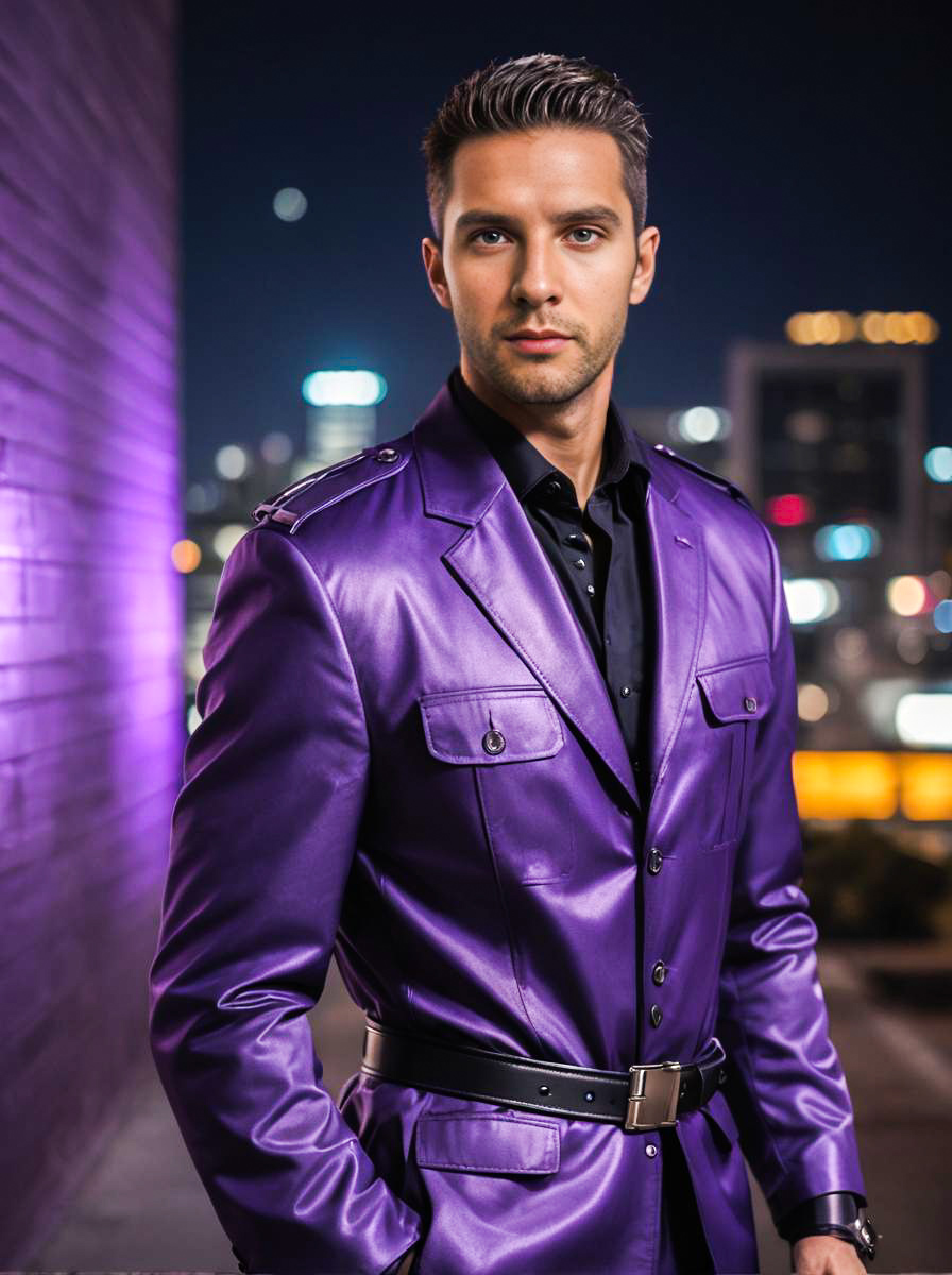 Confident Man in Purple Jacket Against Urban Backdrop