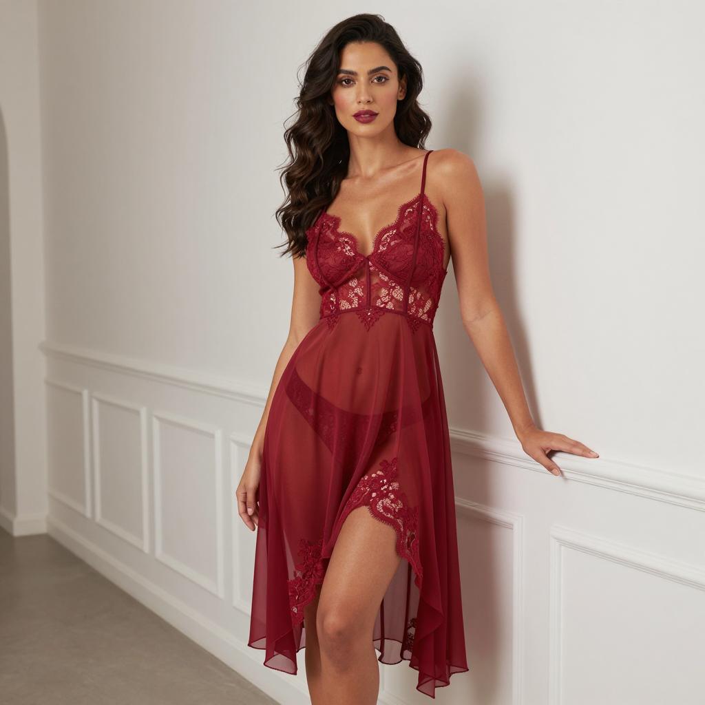 Elegant Sheer Burgundy Lingerie with Lace Detailing on Woman