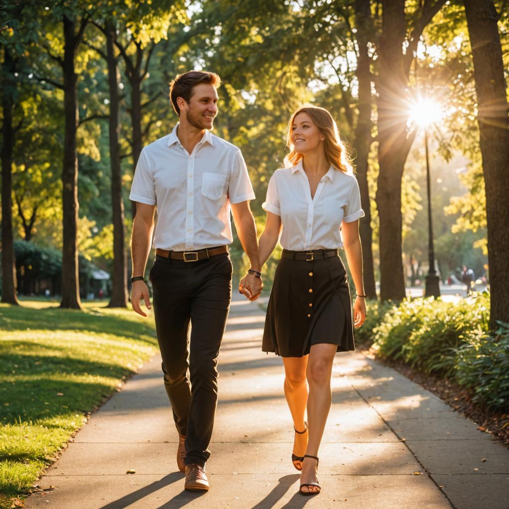 Couple Strolling in Sunlit Park