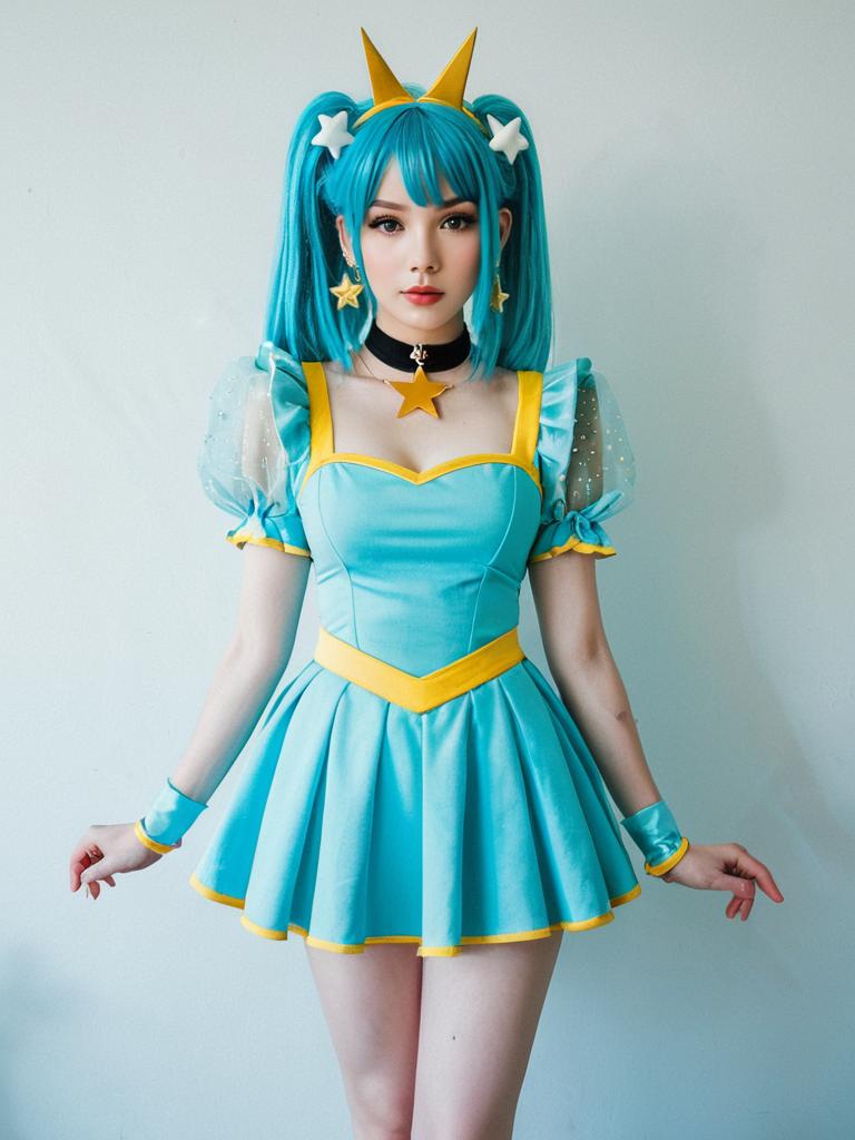 Vibrant Blue and Yellow Star-Themed Cosplay Dress with Anime Style