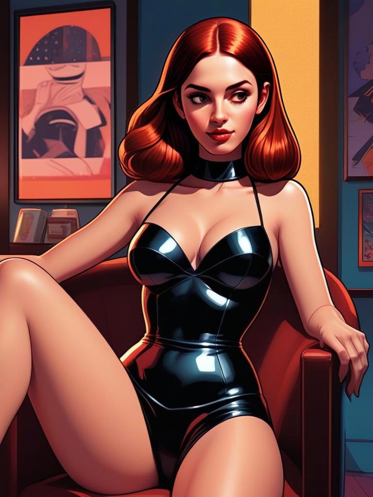 Confident Red-Haired Woman in Black Leather Swimsuit Digital Art