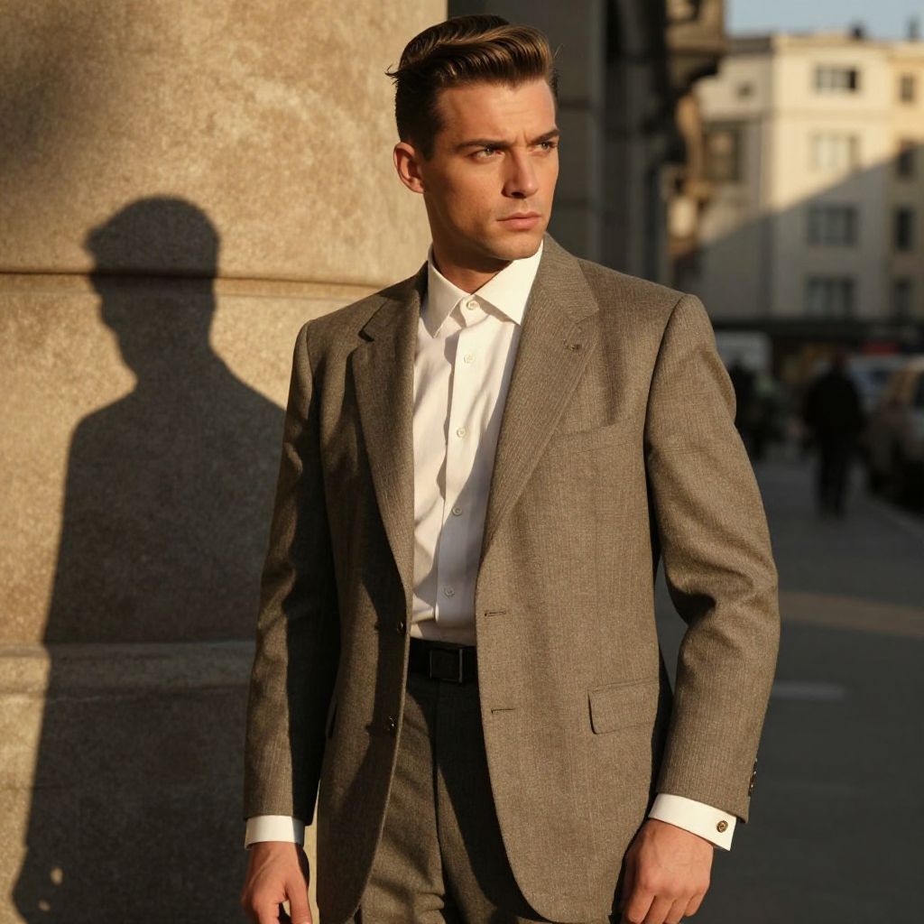 Elegant Man Wearing Light Brown Suit in Urban Setting
