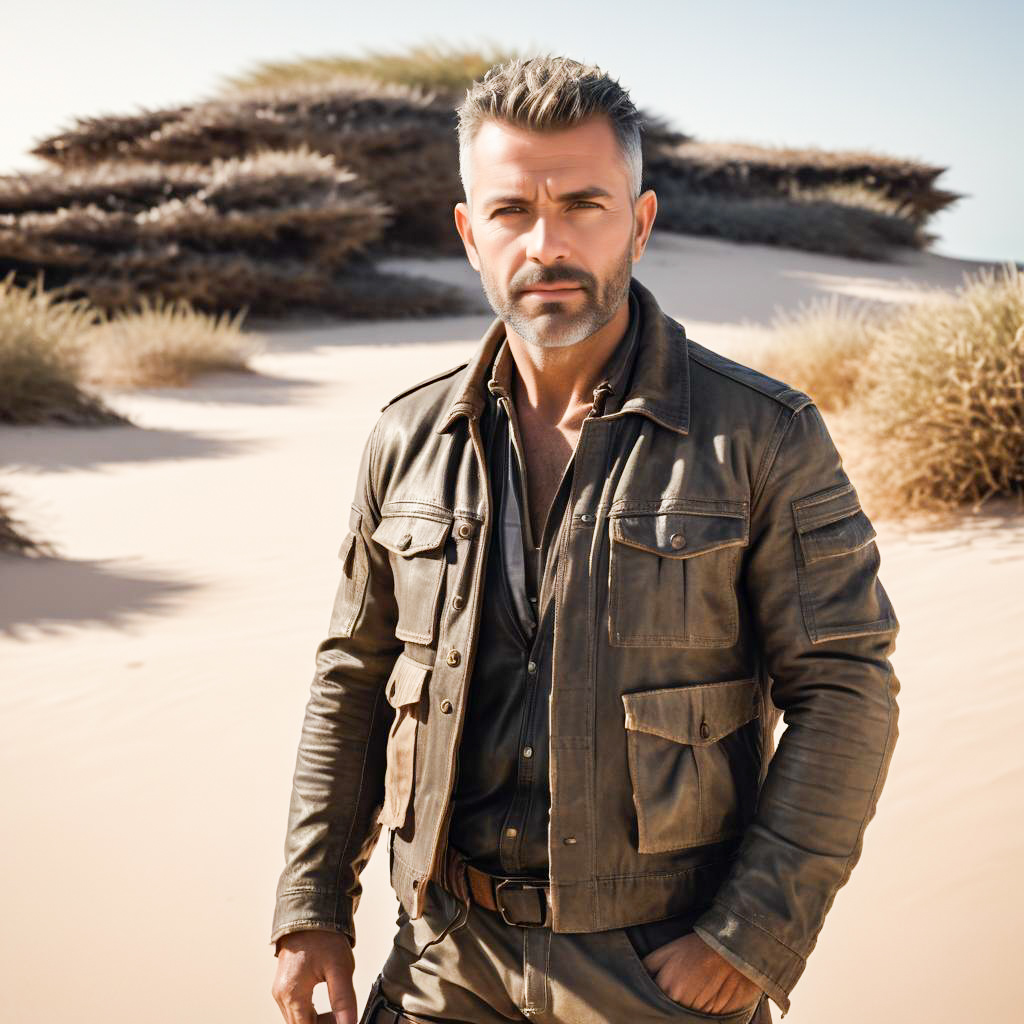 Confident Man in Desert with Leather Jacket