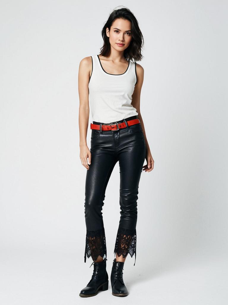 Stylish Woman Wearing White Tank Top and Black Leather Pants with Red Belt