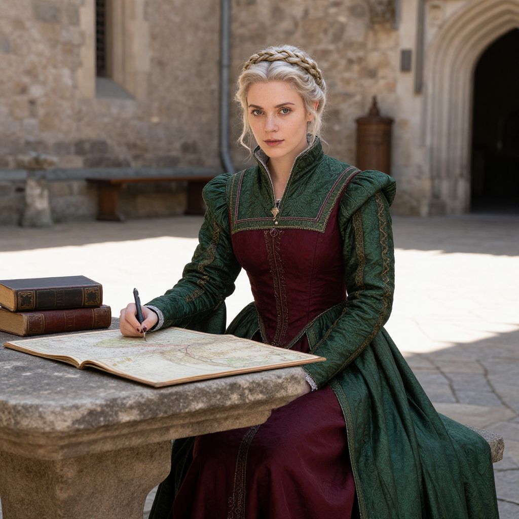 Renaissance Woman in Green and Burgundy Gown Writing on Vintage Map in Historic Courtyard