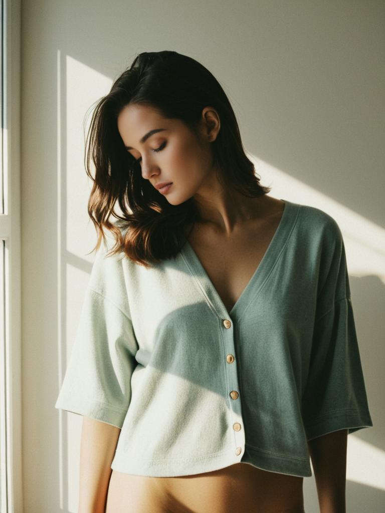 Serene Woman in Pastel Green Cardigan by Sunlit Window
