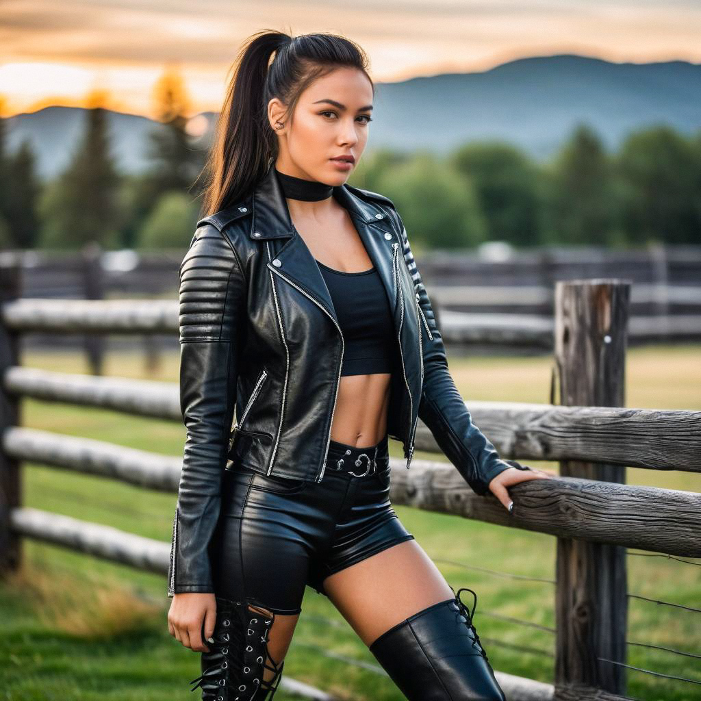 Confident Woman in Leather Jacket at Sunset