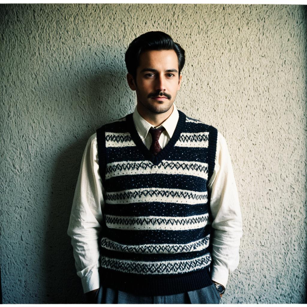 Vintage Man Wearing Sweater Vest and Tie Standing Indoors