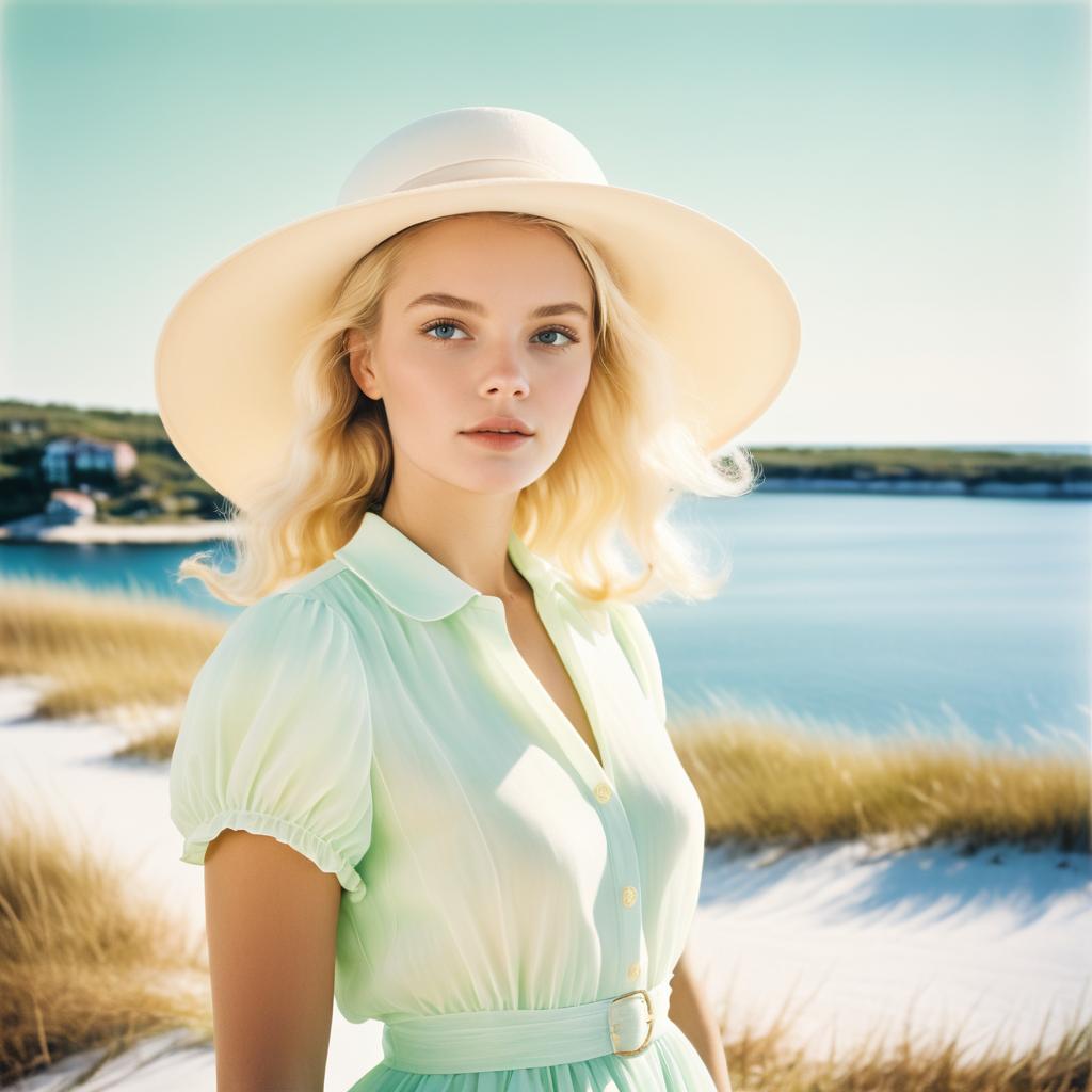 Young Woman in Pastel Green Dress by Water