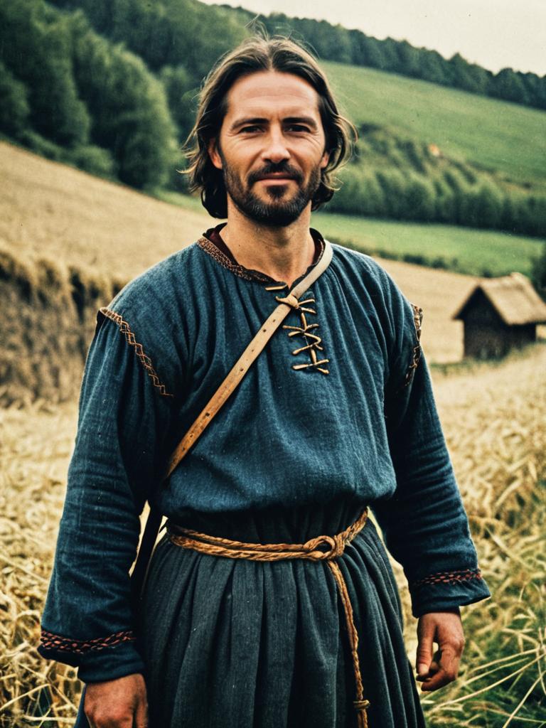 Medieval Peasant Costume Man in Traditional Blue Tunic in Wheat Field