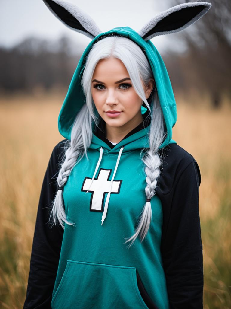 Young Woman Wearing Bunny Ear Hoodie with White Cross Design in Outdoor Setting