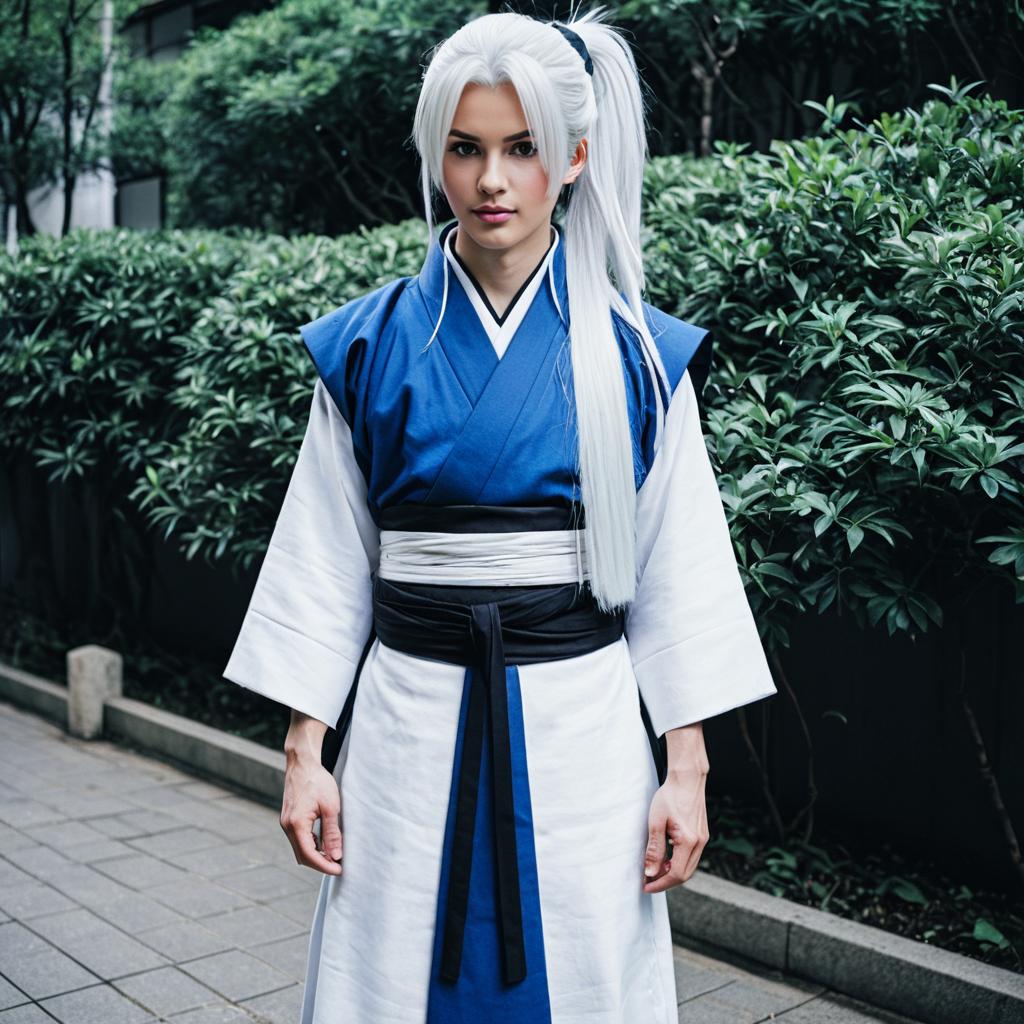 Amakusa Juuza Cosplay Man in Traditional Blue and White Kimono with White Hair