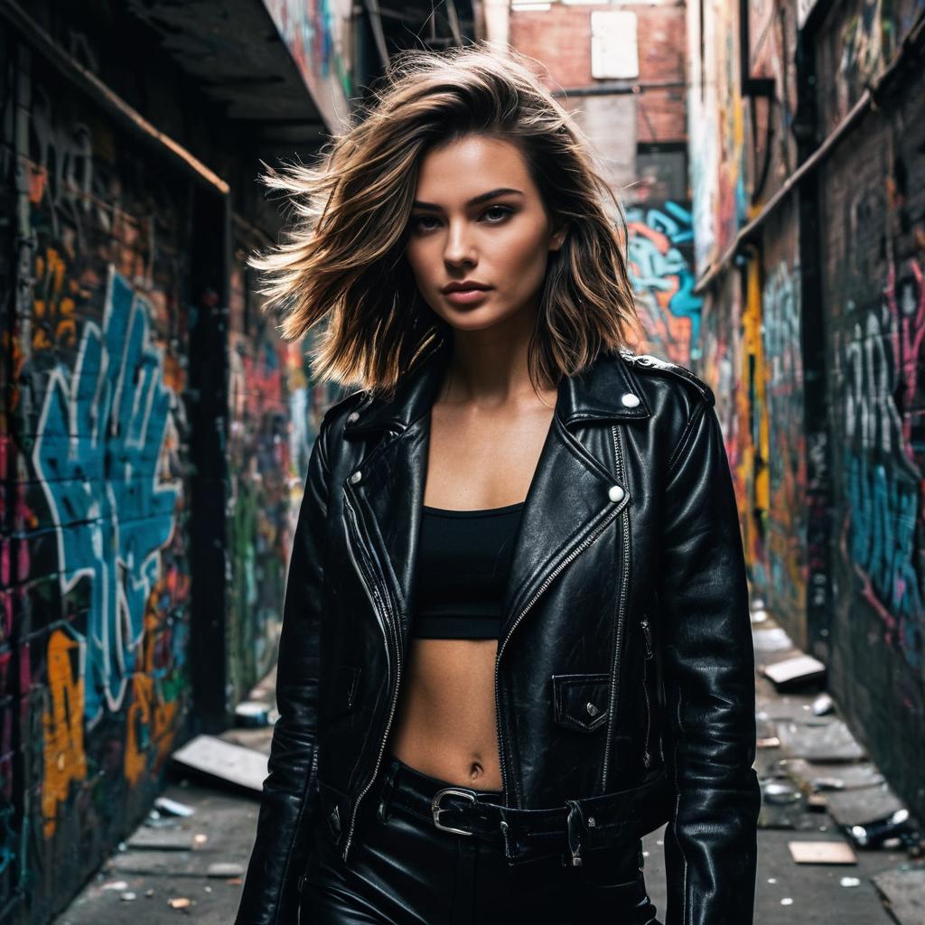 Edgy Young Woman in Black Leather Jacket in Graffiti Alley