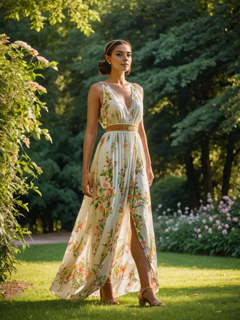 Elegant Woman in Floral Dress Inspired by Nefertiti