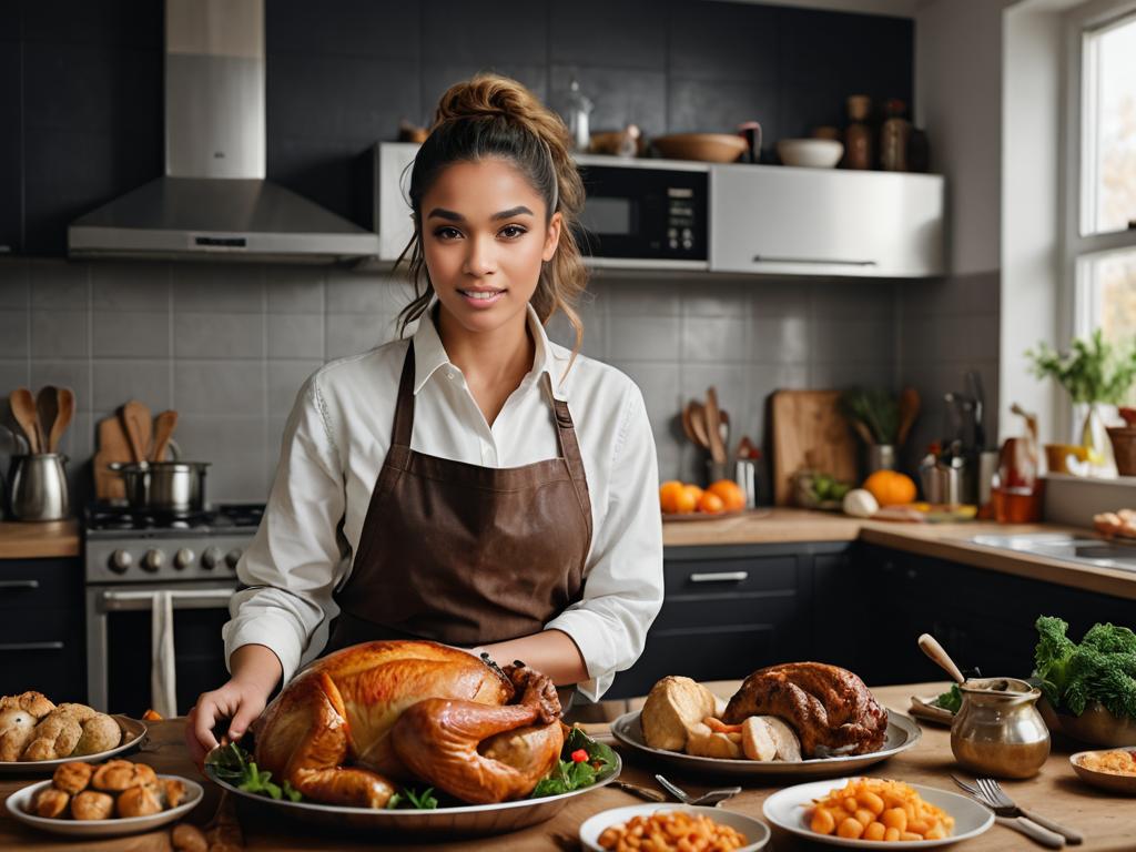 Woman presenting roasted turkey in festive kitchen