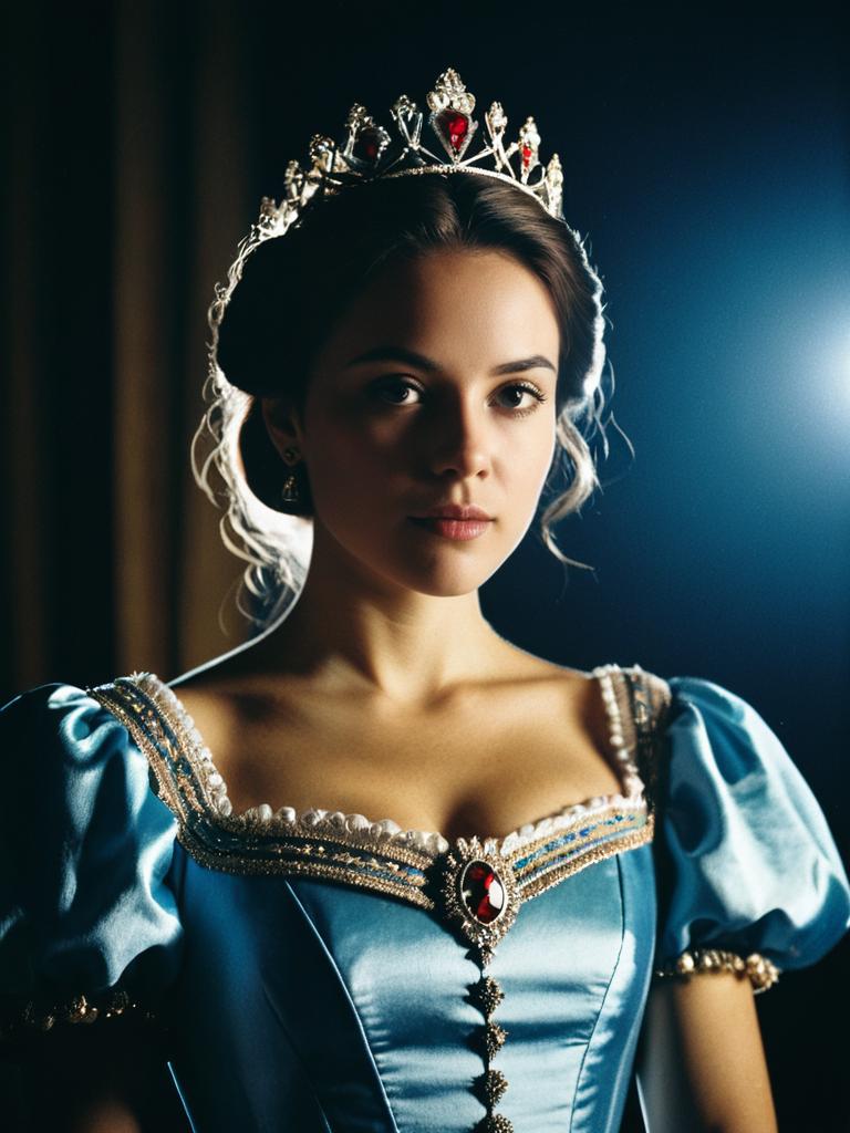 Photorealistic Regal Princess Woman in Blue Satin Costume with Jeweled Tiara Studio Portrait
