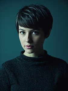 Woman with Pixie Cut in Dark Sweater