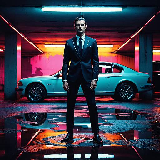 Stylish Man in Black Suit with Vintage Car in Neon Parking Garage