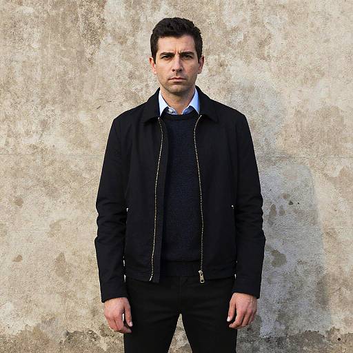 Portrait of Young Man in Casual Jacket Standing Against Stone Wall