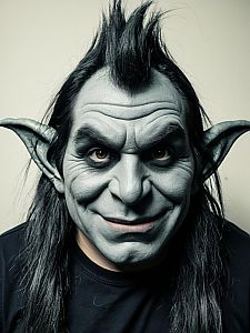 Man Wearing Detailed Troll Costume Face Swap with Prosthetic Ears and Makeup