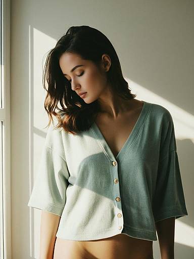 Serene Woman in Pastel Green Cardigan by Sunlit Window