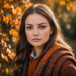 Young Woman in Cozy Orange Sweater Surrounded by Autumn Foliage