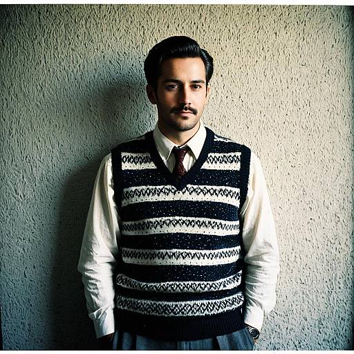 Vintage Man Wearing Sweater Vest and Tie Standing Indoors