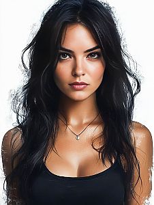 Close-up portrait of a woman with black hair and intense eyes