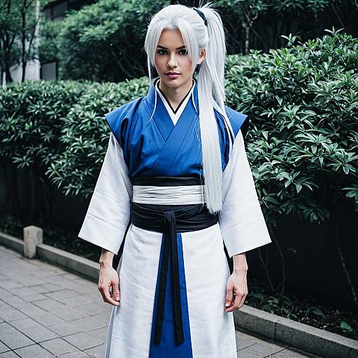 Amakusa Juuza Cosplay Man in Traditional Blue and White Kimono with White Hair