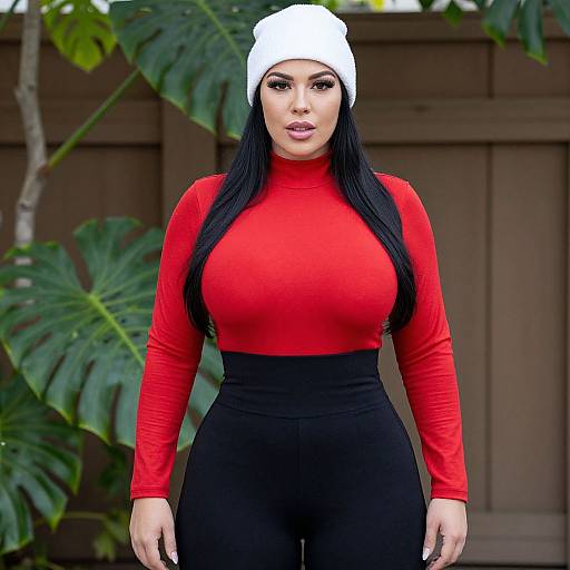 Confident Woman in Red Top and White Beanie Outdoors