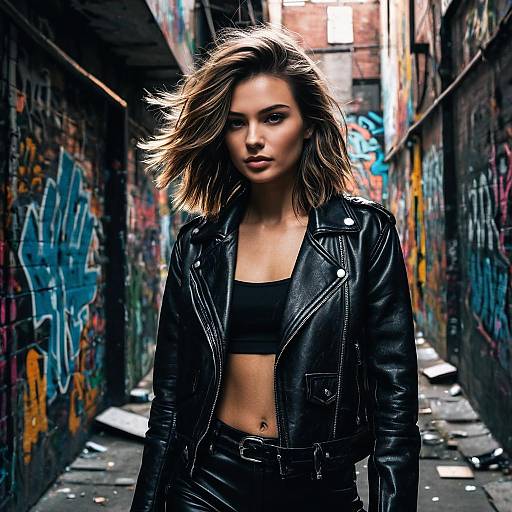 Edgy Young Woman in Black Leather Jacket in Graffiti Alley