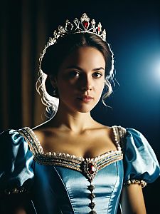 Photorealistic Regal Princess Woman in Blue Satin Costume with Jeweled Tiara Studio Portrait